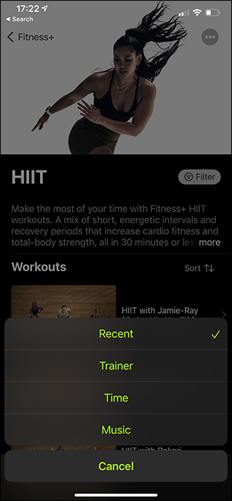 опции сортировки в Fitness+
