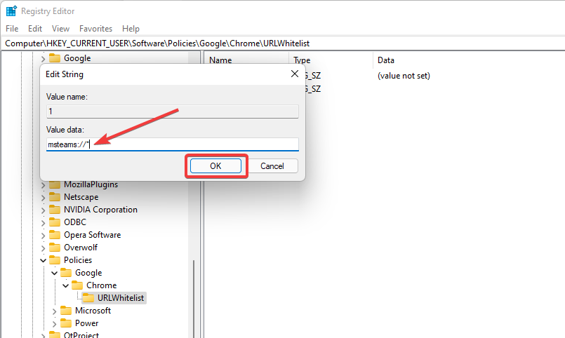 Добавление значения msteams:// в реестр.