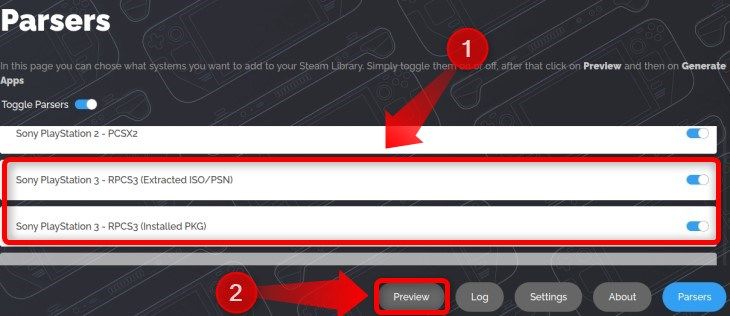 Включите парсеры PS3 и нажмите Preview, затем Parse