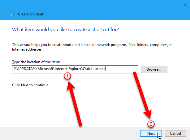 Ввод пути к Быстрому запуску
