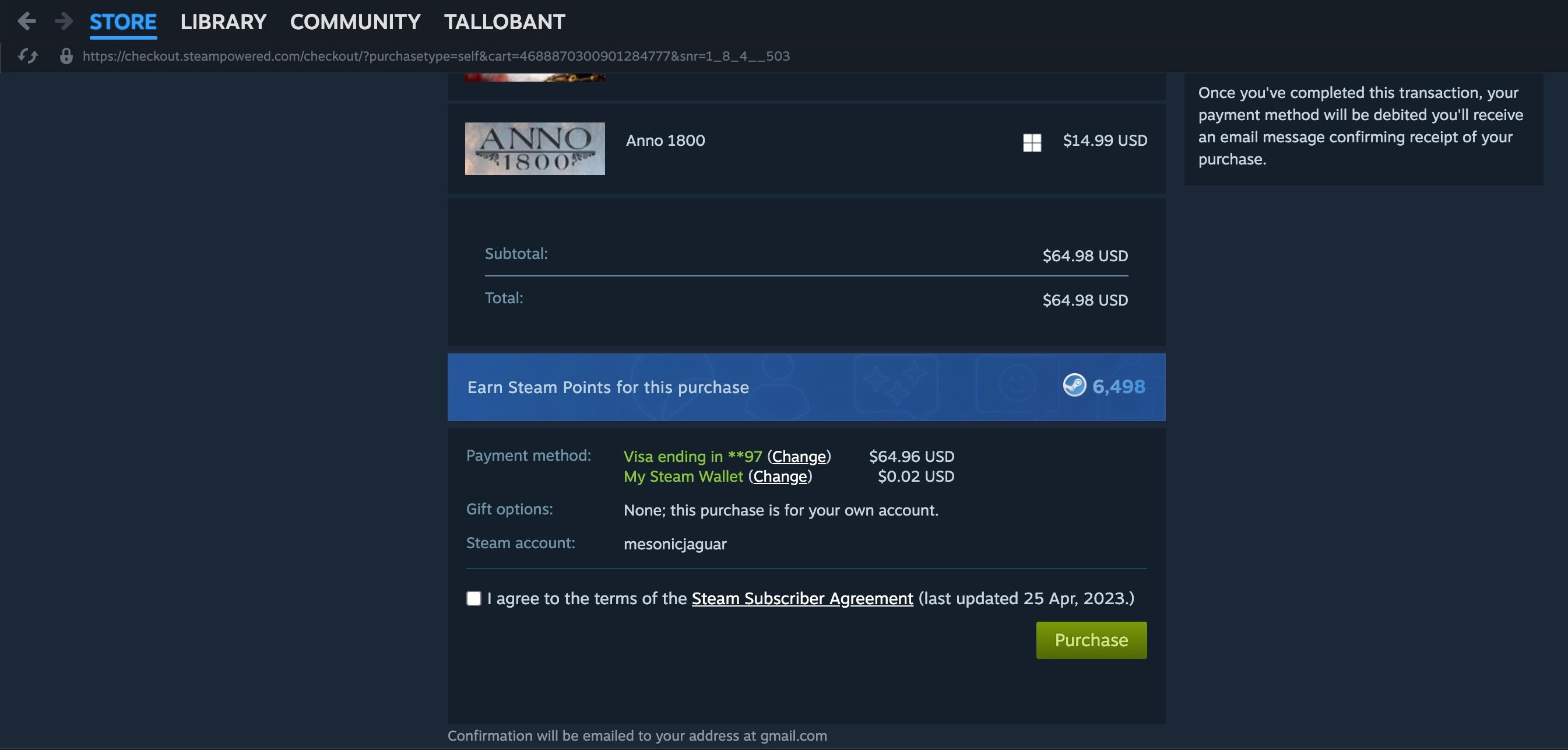 Окно подтверждения покупки игры в Steam