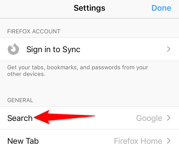 Нажмите «Поиск» на странице Настроек в Firefox на iPhone.