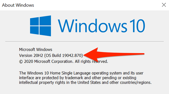 Окно «О Windows» с номером сборки