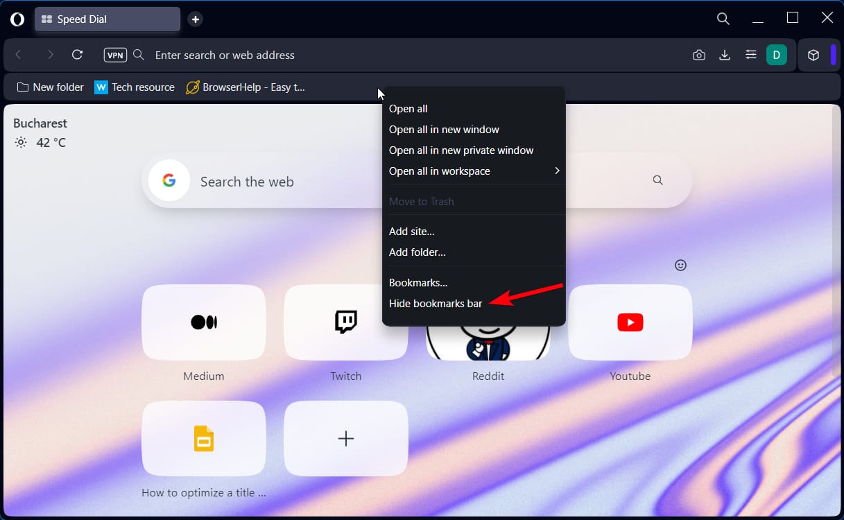 Контекстное меню с пунктом скрыть панель закладок