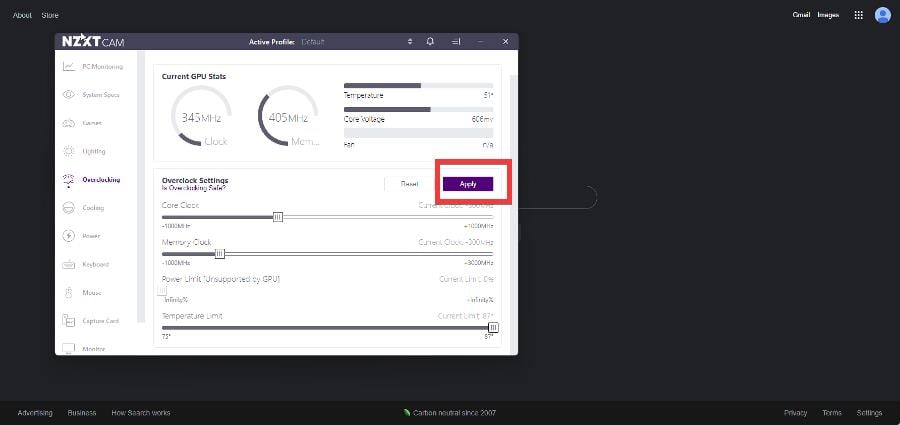 Кнопка Apply в NZXT CAM