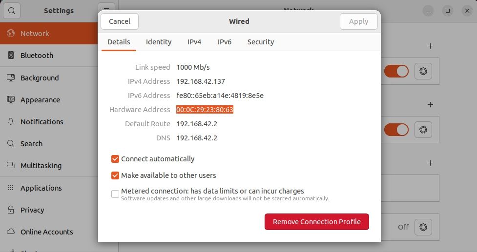 Детали интерфейса с отображением Hardware Address