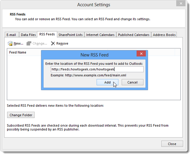 Скриншот: ввод URL RSS-ленты в Outlook