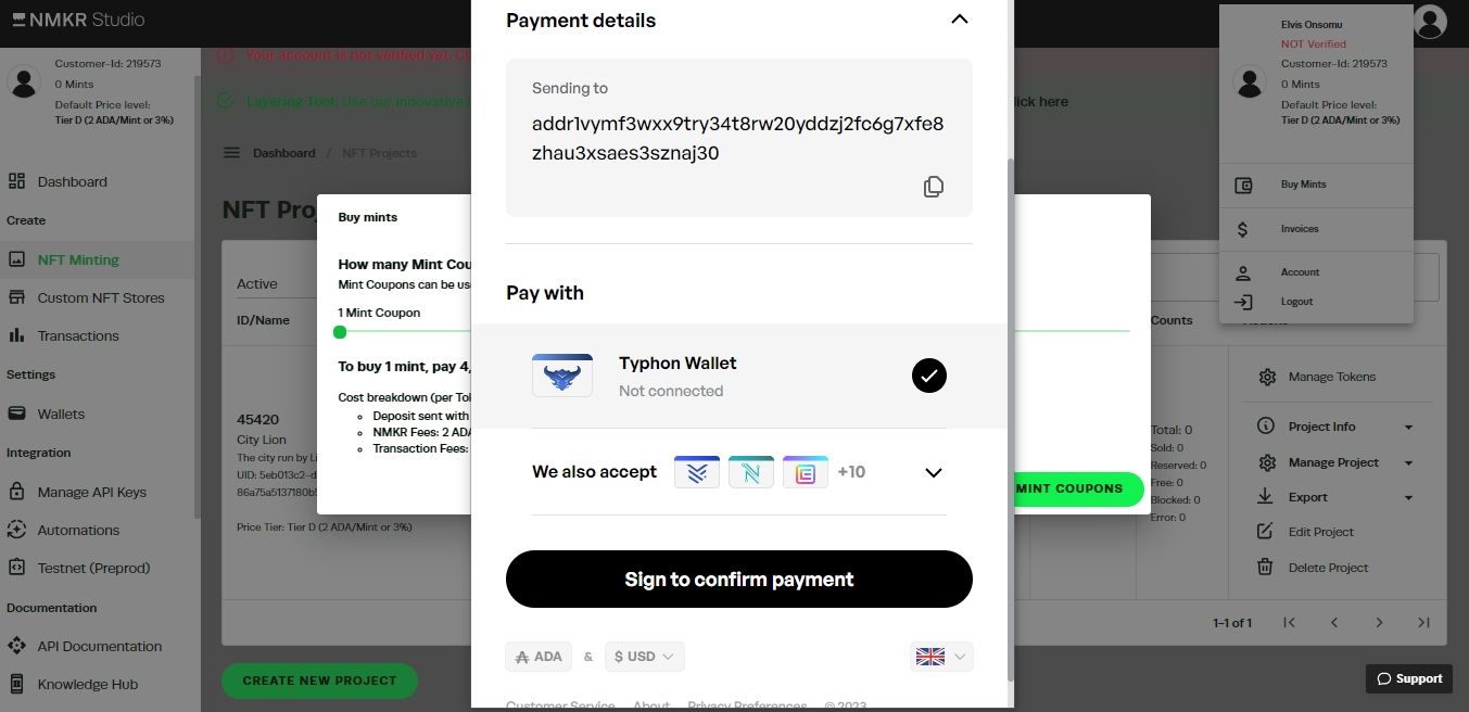 Скриншот NMKR: подтверждение оплаты за минты