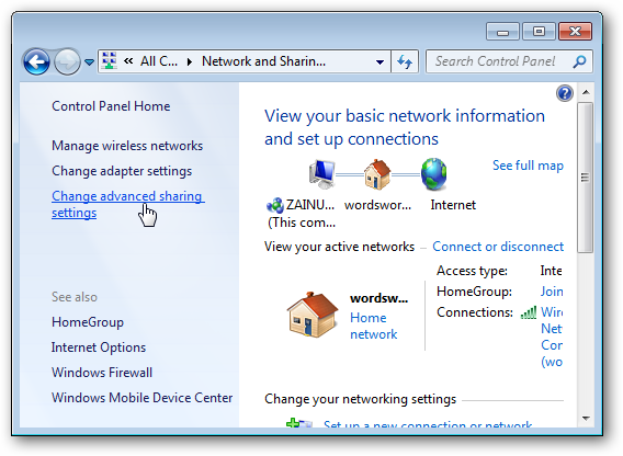 Меню дополнительных параметров общего доступа в Windows