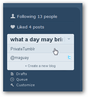 Выбор блога в списке аккаунта Tumblr