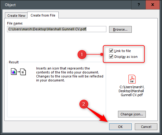 Параметры 'Связать с файлом' и 'Показывать как значок'