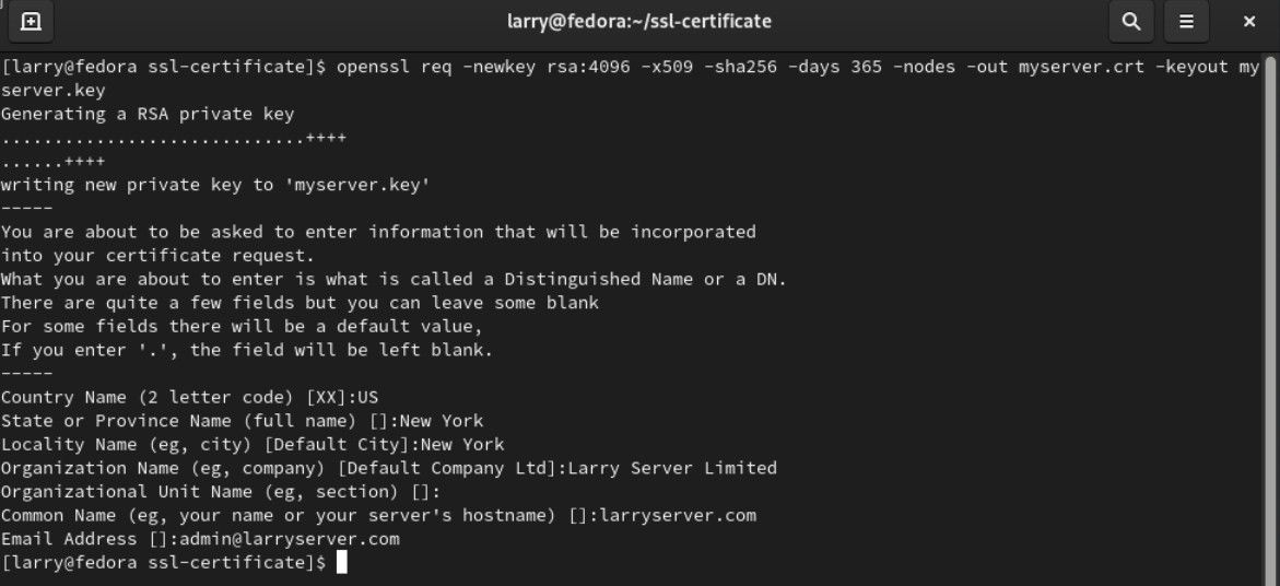 Терминал Linux с командой OpenSSL, создание SSL-сертификата