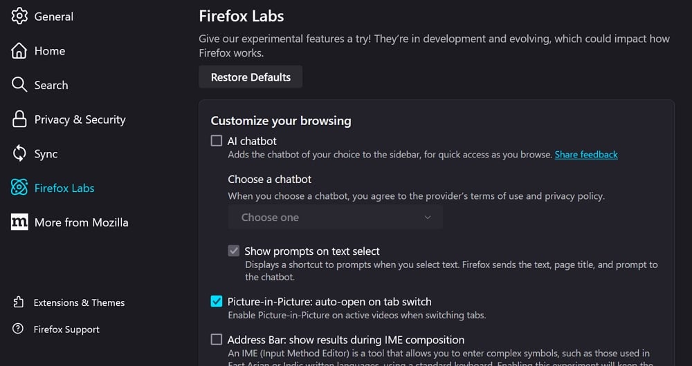 Опция автопоп-аута в Firefox Labs