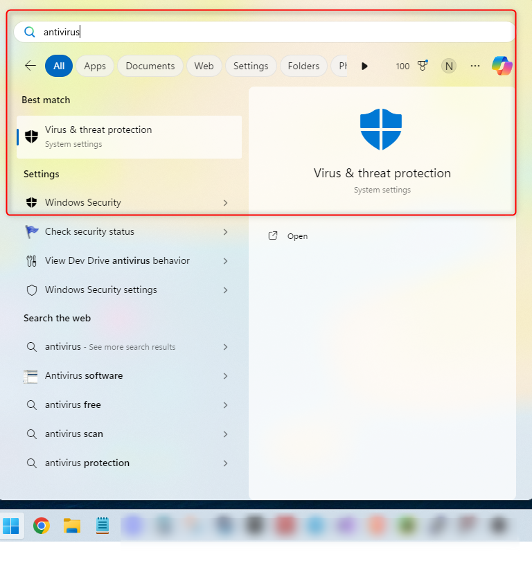 Поиск антивируса в меню Пуск Windows.
