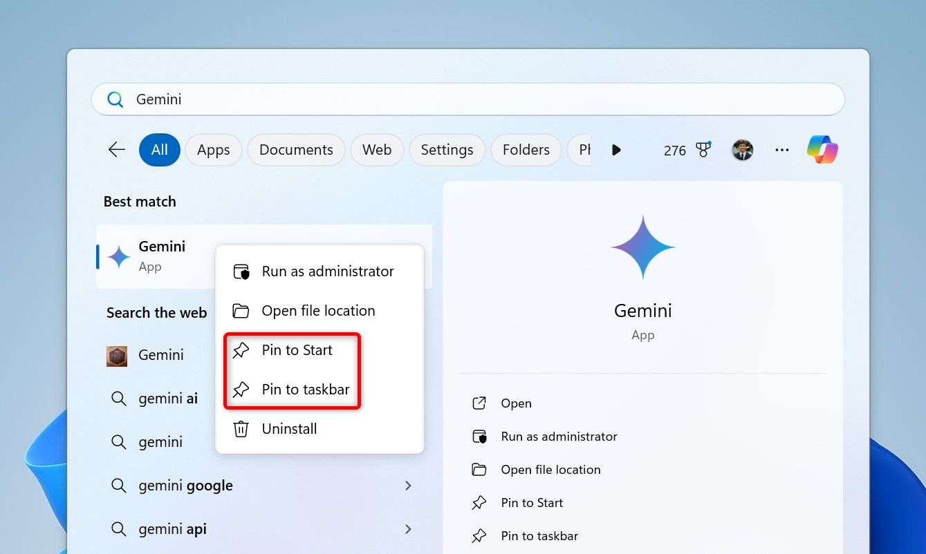 'Pin to Start' и 'Pin to Taskbar' выделены для Gemini в результатах поиска Windows.