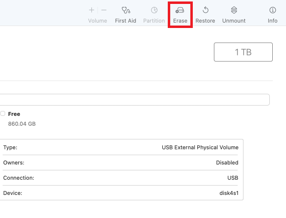 Кнопка удаления диска в Disk Utility