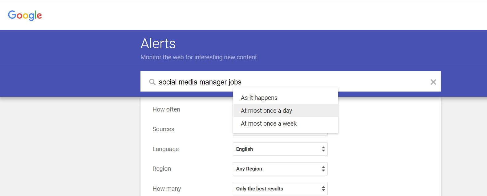 Варианты частоты оповещений в Google Alerts