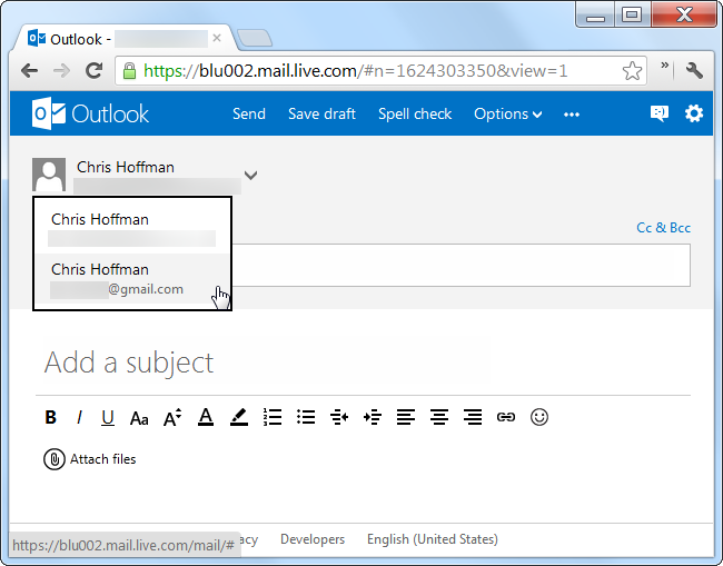 Выбор адреса отправителя в интерфейсе Outlook.com
