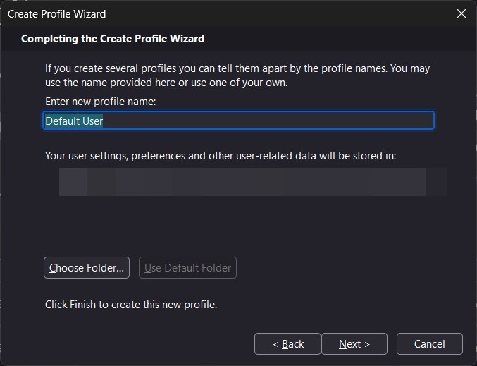 Форма ввода имени нового профиля Firefox
