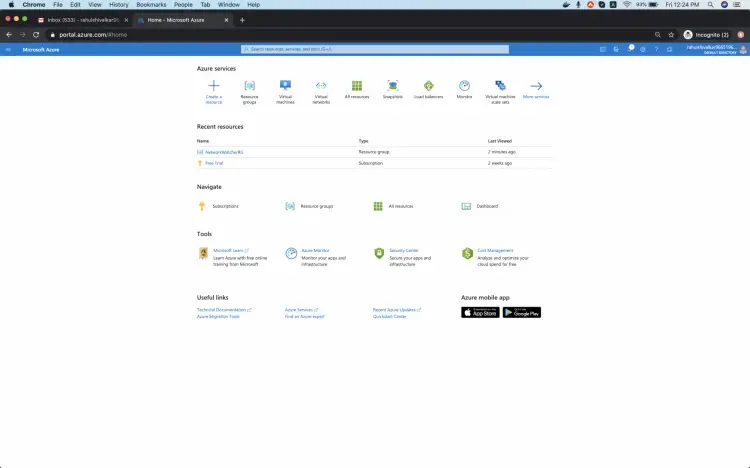 Главная страница портала Azure с выделенным меню