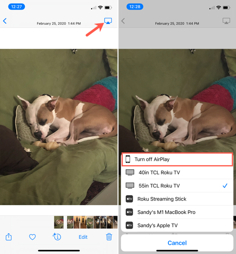 AirPlay icon highlighted and iPhone in the list