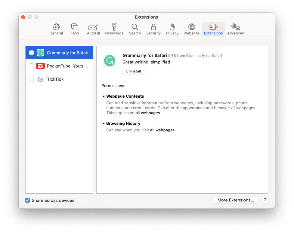 Liste d'extensions installées dans Safari