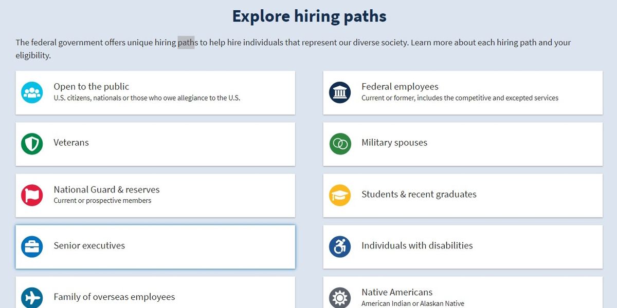 Секция Hiring Pathways на главной странице USAJobs.