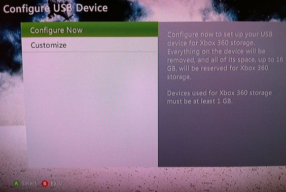 Настройка USB‑накопителя в меню Xbox 360