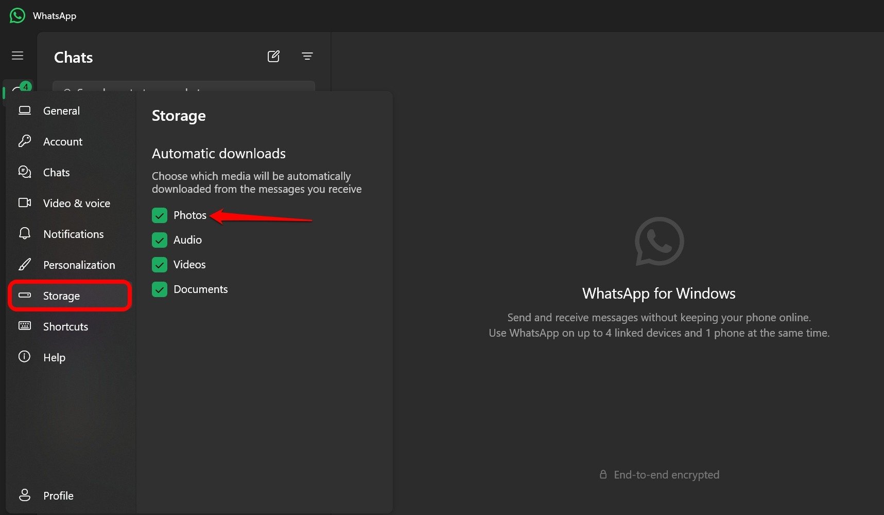 manage WhatsApp desktop client storage settings