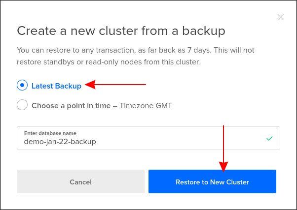 Screenshot of restoring DigitalOcean managed database backups