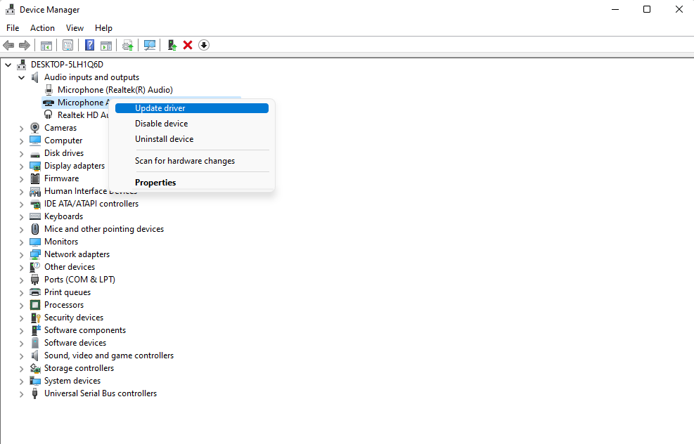Обновление драйвера микрофона в Диспетчере устройств