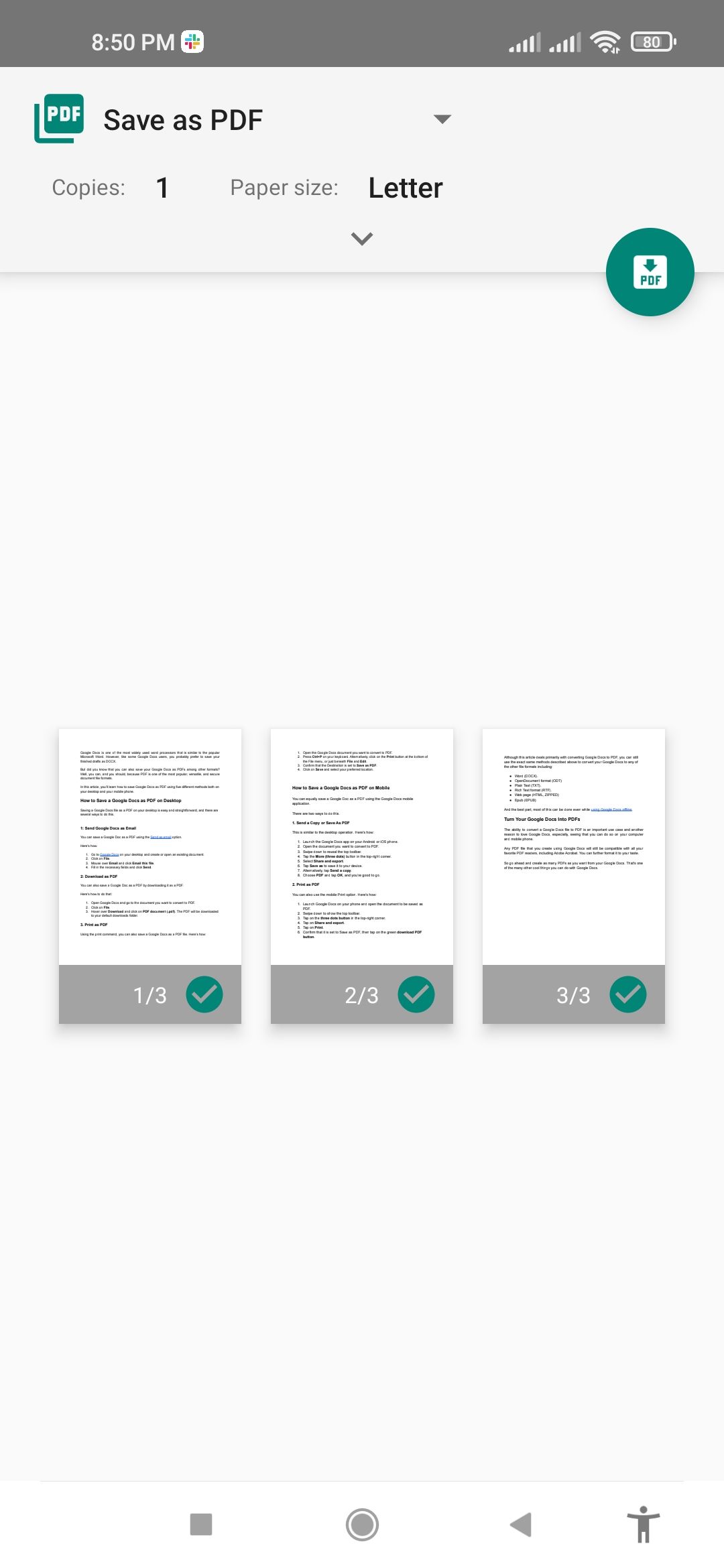Страница печати с опцией «Сохранить как PDF» на мобильном устройстве