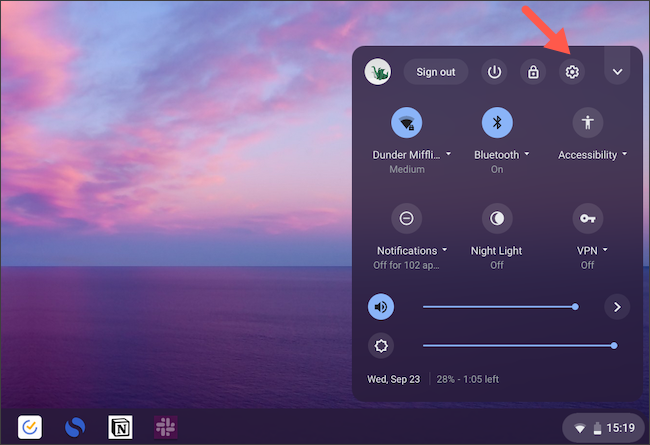Нажмите ярлык настроек в Chrome OS