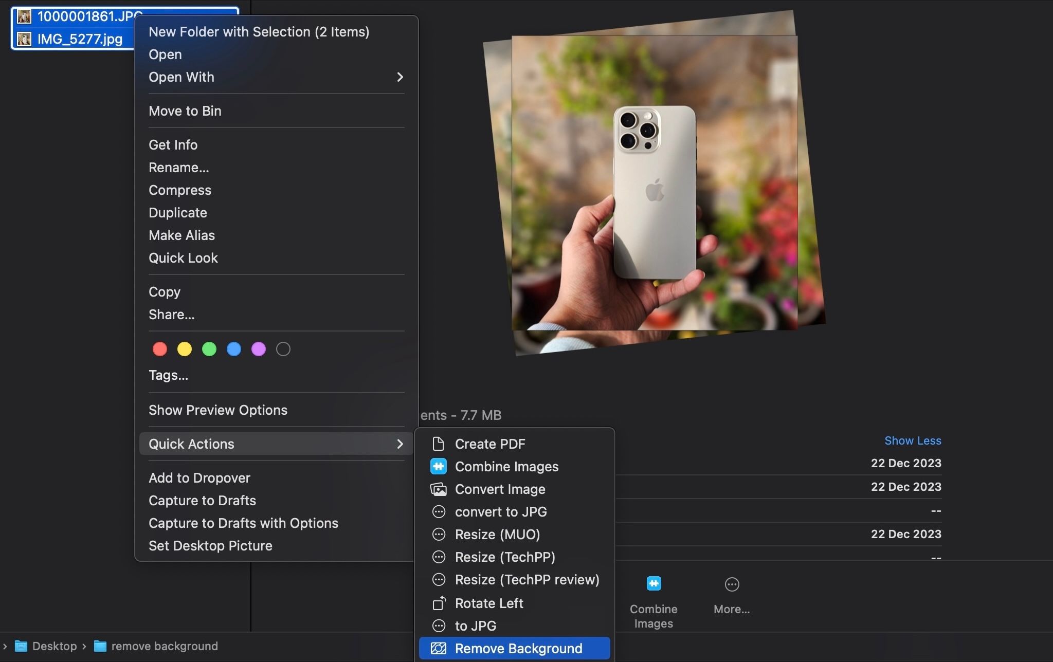 Пакетное удаление фонов в Finder для нескольких изображений.