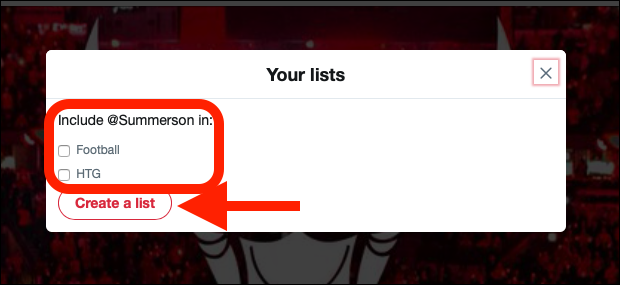 Окно выбора списка — отметьте список, чтобы добавить пользователя