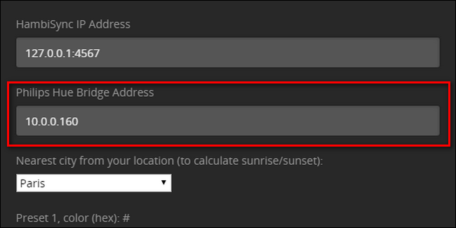 Ввод адреса Hue Bridge
