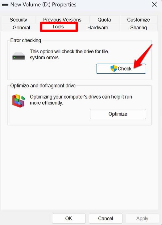 Проверка диска на ошибки в свойствах устройства