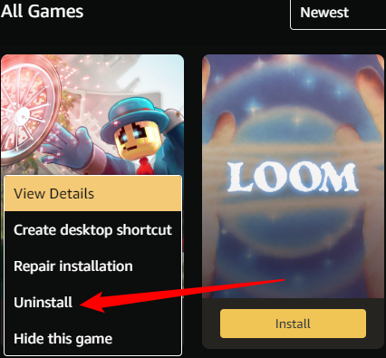 Контекстное меню игры с опцией удаления