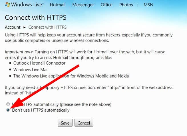 Опция 'Не использовать HTTPS автоматически' в настройках Hotmail