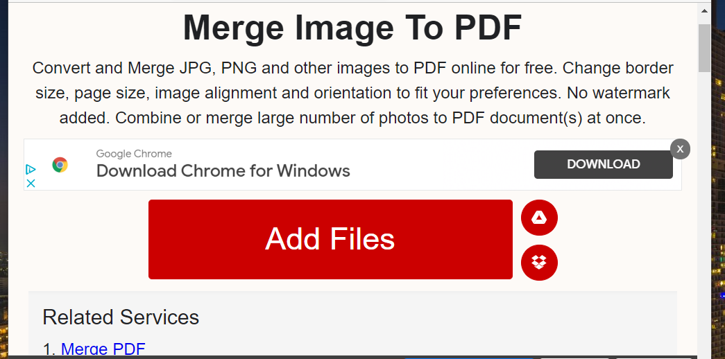 Окно приложения Merge Image to PDF на сайте XConvert