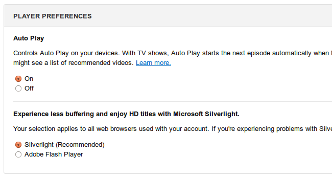 Настройка аккаунта Amazon: предпочтение Silverlight вместо Flash