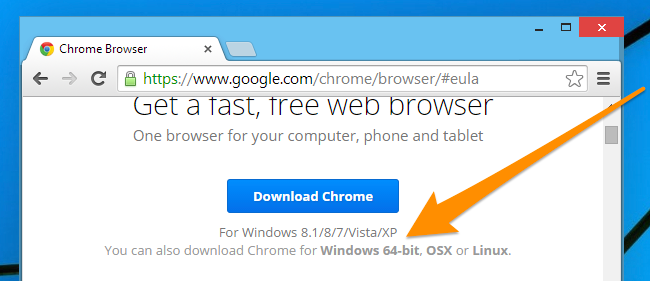 Элемент страницы загрузки Google Chrome с опцией 64‑bit внизу экрана