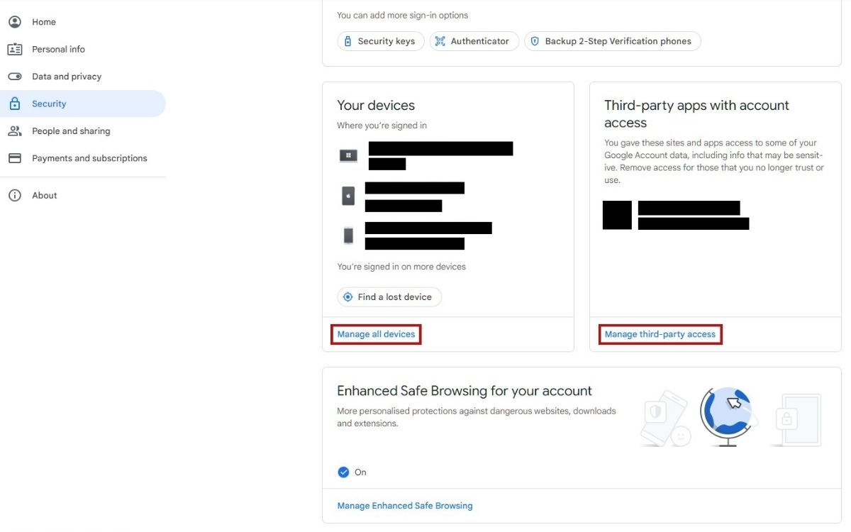 A screenshot of the Security Tab in My Account in Google with two red borders over the respective links Mange all devices and Mange third-party access