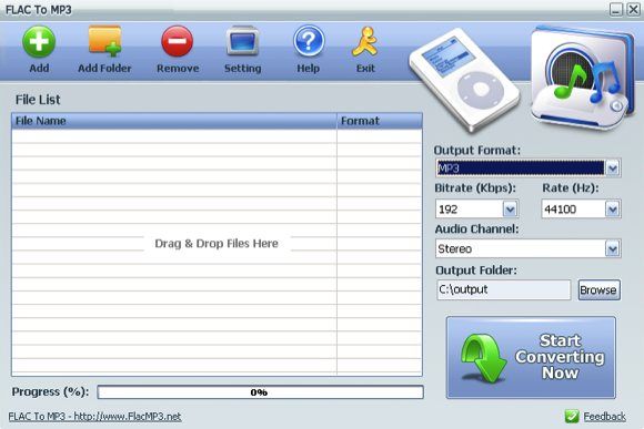 Интерфейс программы FLAC To MP3 с областью перетаскивания файлов и настройками качества