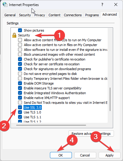 Применение настроек безопасности TLS/SSL в свойствах Интернета