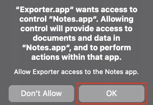 Предоставление приложению Exporter доступа к управлению Apple Notes на Mac.