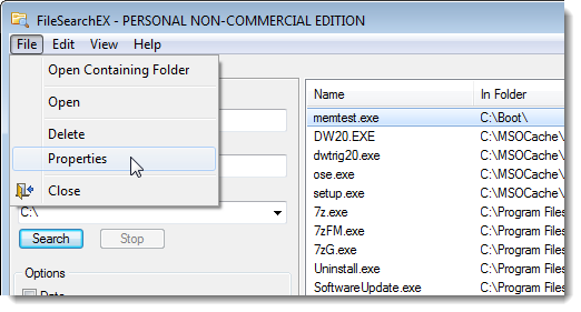 Открытие свойств файла через меню File
