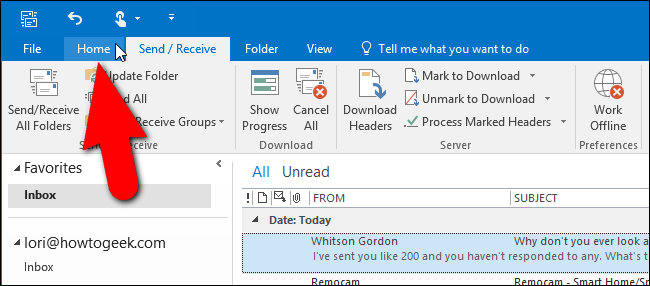 Клик по вкладке «Главная» в Outlook