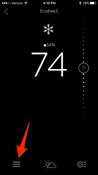 Список Comfort Settings в приложении Ecobee