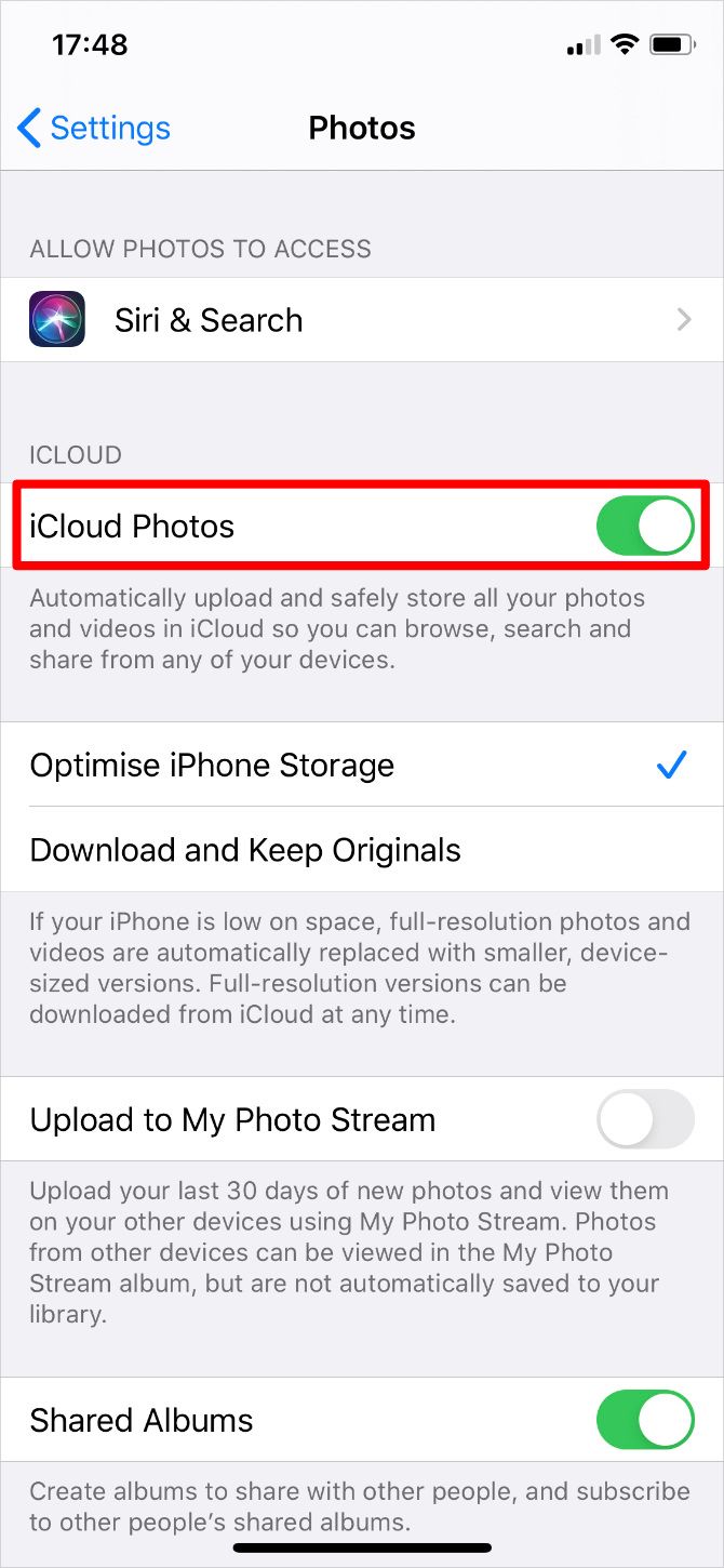 Настройки iCloud Photos на iPhone